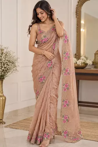 Women premium fandy satin floral diamond jarkan embroidery saree