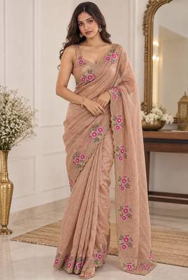 Women premium fandy satin floral diamond jarkan embroidery saree 3