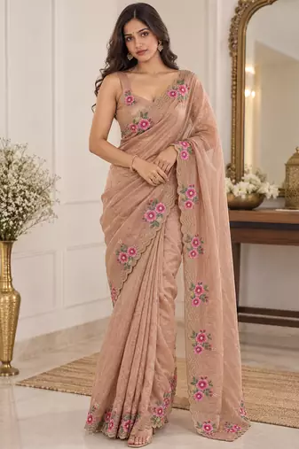 Women premium fandy satin floral diamond jarkan embroidery saree
