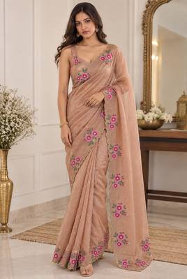 Women premium fandy satin floral diamond jarkan embroidery saree 4
