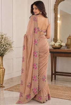 Women premium fandy satin floral diamond jarkan embroidery saree 5