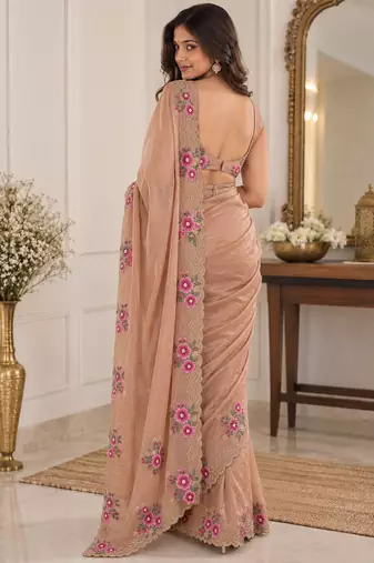 Women premium fandy satin floral diamond jarkan embroidery saree