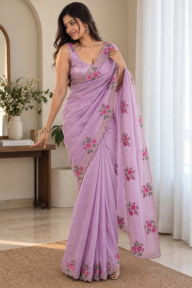 Women fandy satin designer floral diamond jarkan work saree