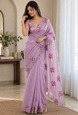 Women fandy satin designer floral diamond jarkan work saree 2