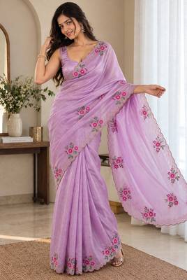 Women fandy satin designer floral diamond jarkan work saree 3