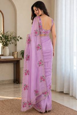 Women fandy satin designer floral diamond jarkan work saree 5