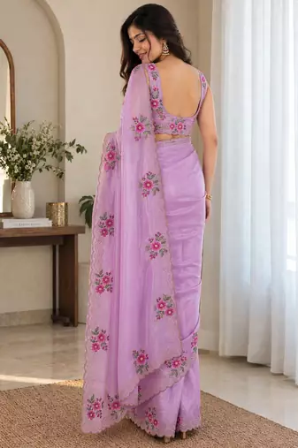 Women fandy satin designer floral diamond jarkan work saree