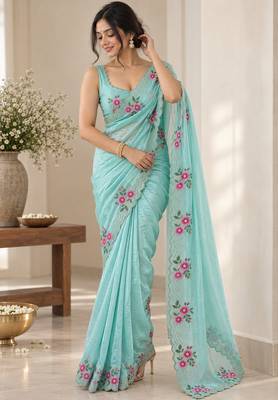 Women fandy satin floral embroidered diamond jarkan work saree 2