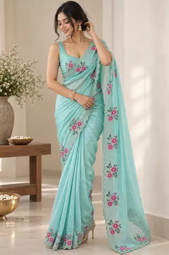 Women fandy satin floral embroidered diamond jarkan work saree