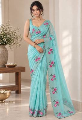 Women fandy satin floral embroidered diamond jarkan work saree 3
