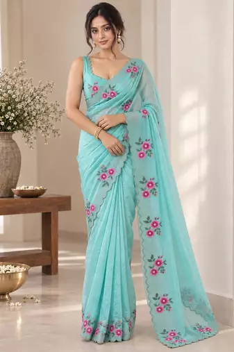 Women fandy satin floral embroidered diamond jarkan work saree