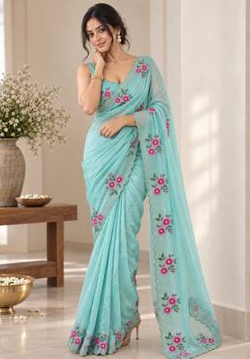 Women fandy satin floral embroidered diamond jarkan work saree 4