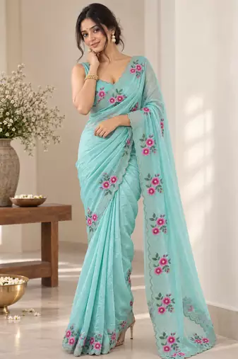 Women fandy satin floral embroidered diamond jarkan work saree