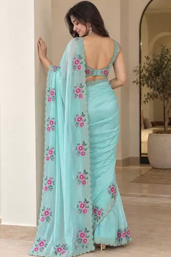 Women fandy satin floral embroidered diamond jarkan work saree