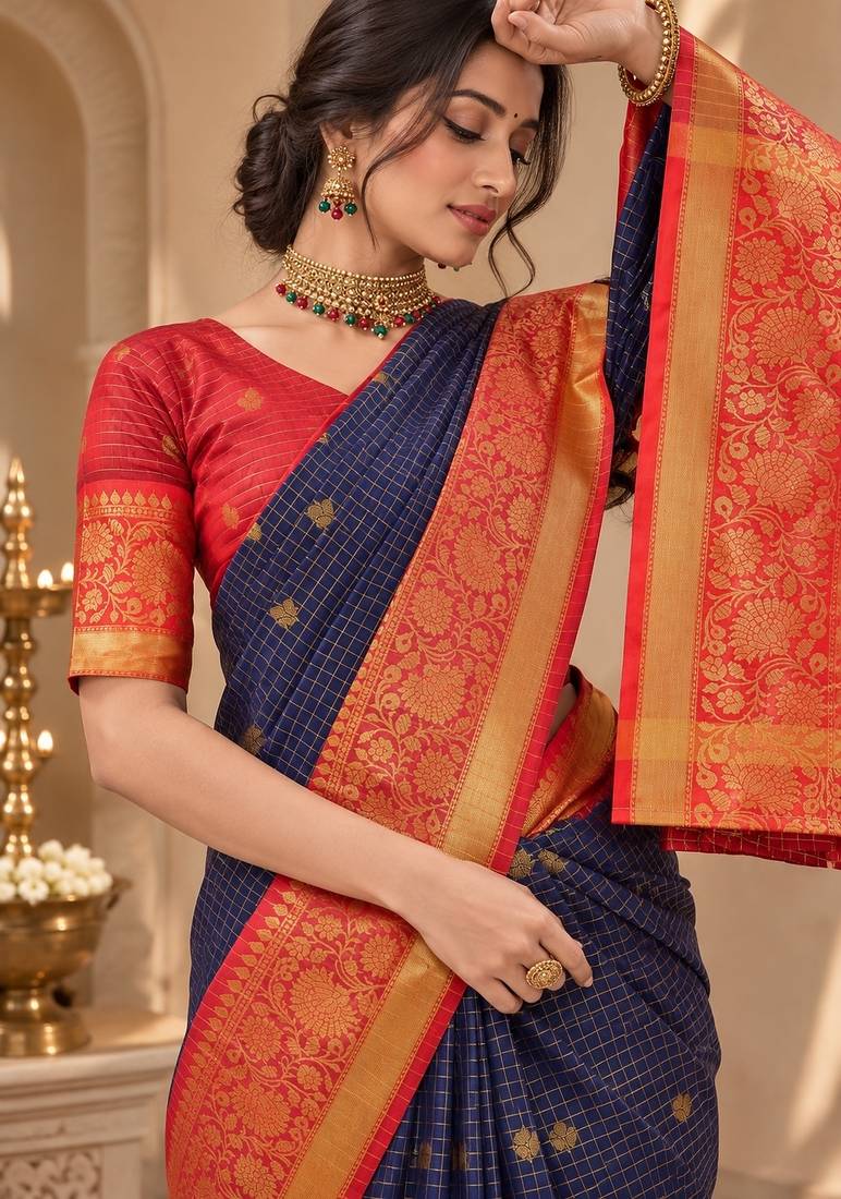 festive silk blend saree featuring a rich woven border paired with a matching blouse