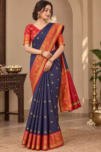 festive silk blend saree featuring a rich woven border paired with a matching blouse