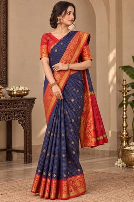 festive silk blend saree featuring a rich woven border paired with a matching blouse 4