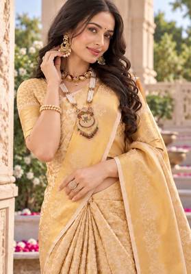 traditional silk blend saree adorned with intricate zari weaving and a beautifully matching blouse 1