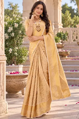 traditional silk blend saree adorned with intricate zari weaving and a beautifully matching blouse