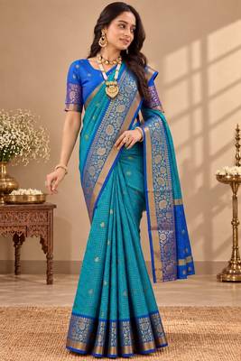 festive silk blend saree crafted with elegant woven borders and a beautifully matching blouse 2