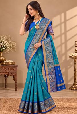 festive silk blend saree crafted with elegant woven borders and a beautifully matching blouse 4