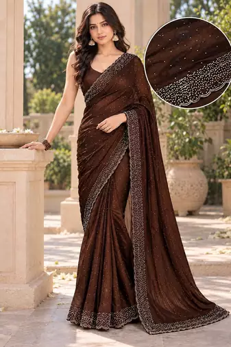 Partywear fandy satin saree featuring jarkan work for a rich and glamorous look