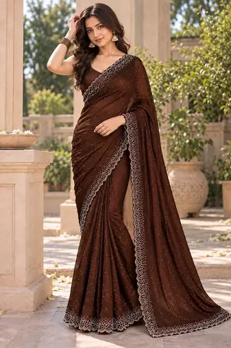 Partywear fandy satin saree featuring jarkan work for a rich and glamorous look
