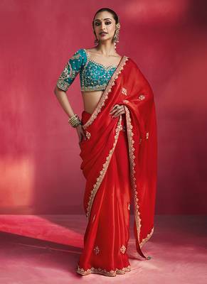 crimson red silk blend saree with teal blue embroidered blouse & zari border 1