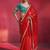 crimson red silk blend saree with teal blue embroidered blouse & zari border
