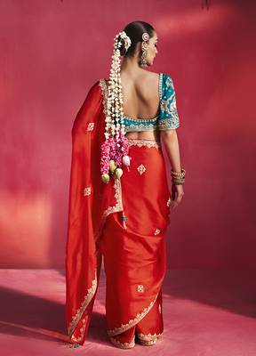 crimson red silk blend saree with teal blue embroidered blouse & zari border 2