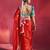 crimson red silk blend saree with teal blue embroidered blouse & zari border