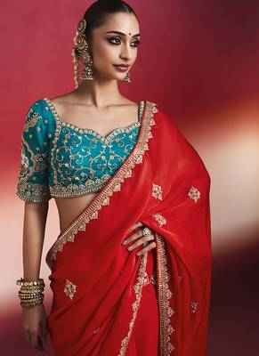 crimson red silk blend saree with teal blue embroidered blouse & zari border 3