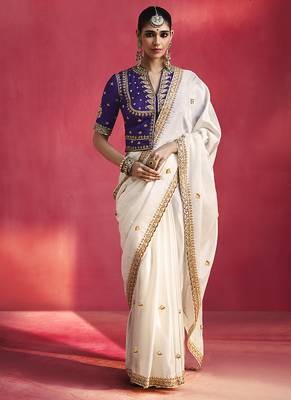 white silk blend saree with purple embroidered blouse & zari border 1