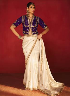 white silk blend saree with purple embroidered blouse & zari border 2