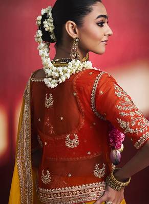mustard yellow silk blend saree with red embroidered blouse & zari border 2