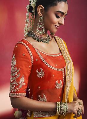 mustard yellow silk blend saree with red embroidered blouse & zari border 3