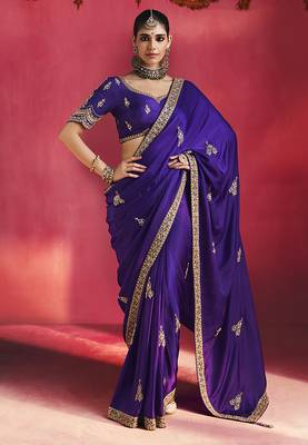 purple silk blend saree with gold embroidered border & designer blouse 1