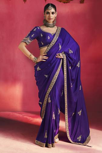 purple silk blend saree with gold embroidered border & designer blouse