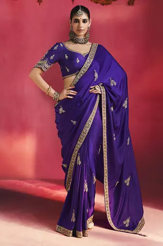 purple silk blend saree with gold embroidered border & designer blouse