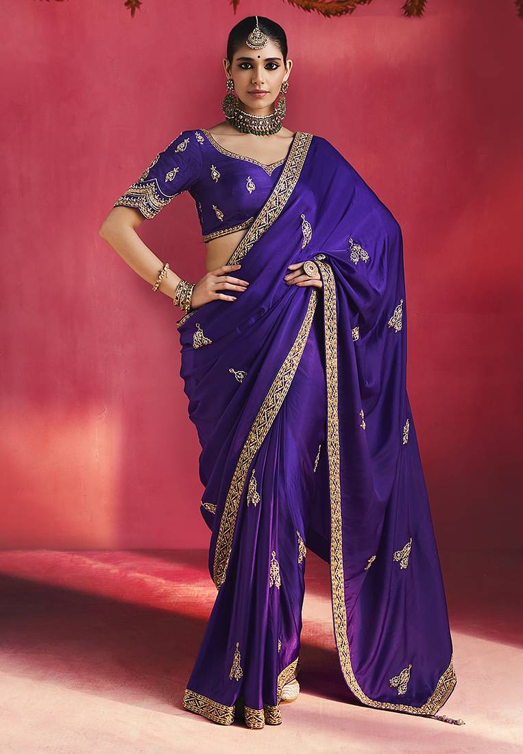 purple silk blend saree with gold embroidered border & designer blouse