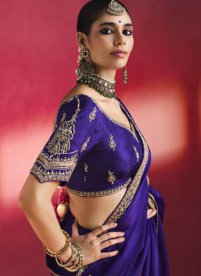 purple silk blend saree with gold embroidered border & designer blouse 2