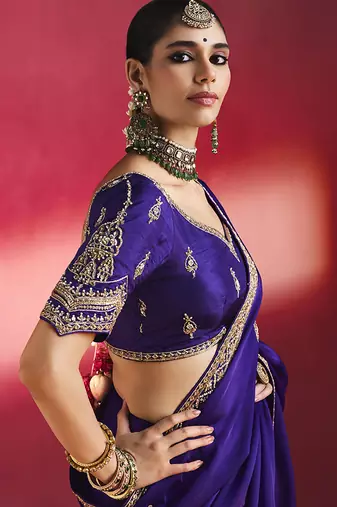 purple silk blend saree with gold embroidered border & designer blouse