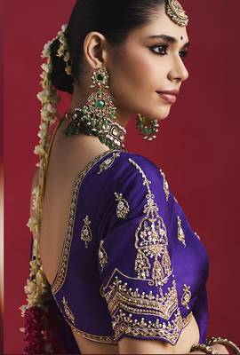 purple silk blend saree with gold embroidered border & designer blouse 4