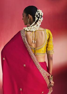 rani pink silk blend saree with mustard yellow embroidered blouse & zari border 2