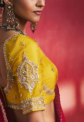 rani pink silk blend saree with mustard yellow embroidered blouse & zari border 3