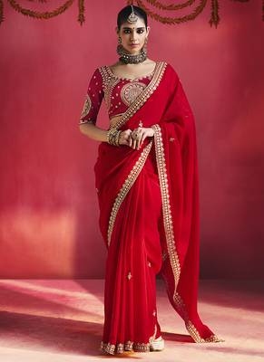 red silk blend saree with gold embroidered border & designer blouse 1