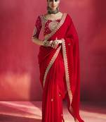 red silk blend saree with gold embroidered border & designer blouse
