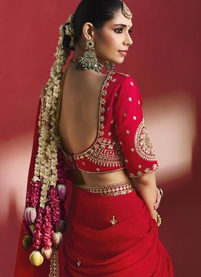 red silk blend saree with gold embroidered border & designer blouse 2