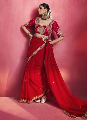 red silk blend saree with gold embroidered border & designer blouse 3
