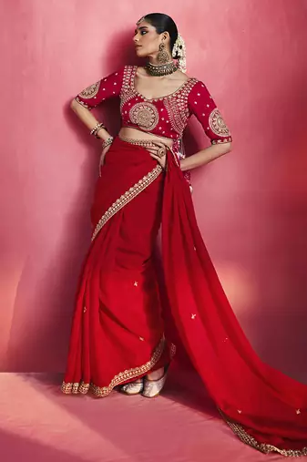 red silk blend saree with gold embroidered border & designer blouse